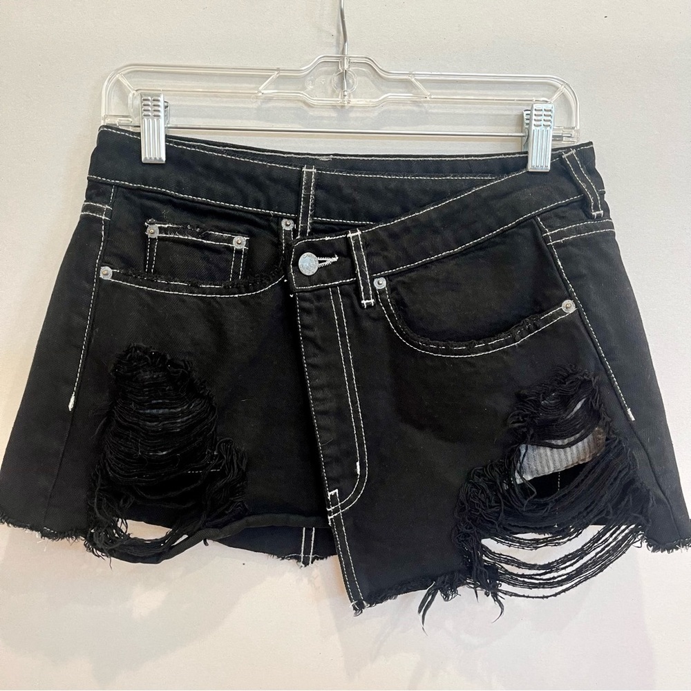 LF Carmar SZ 26 wrap crossover denim distressed mini skirt in black